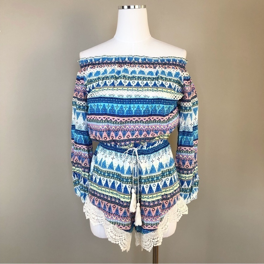 BWT INA Aztec & lace romper shorts off shoulder festival one piece L
